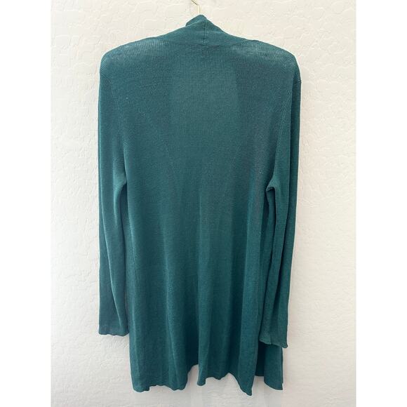 EILEEN FISHER | Teal Linen Blend Open Front Long Cardigan Sweater | Small - Picture 4 of 7